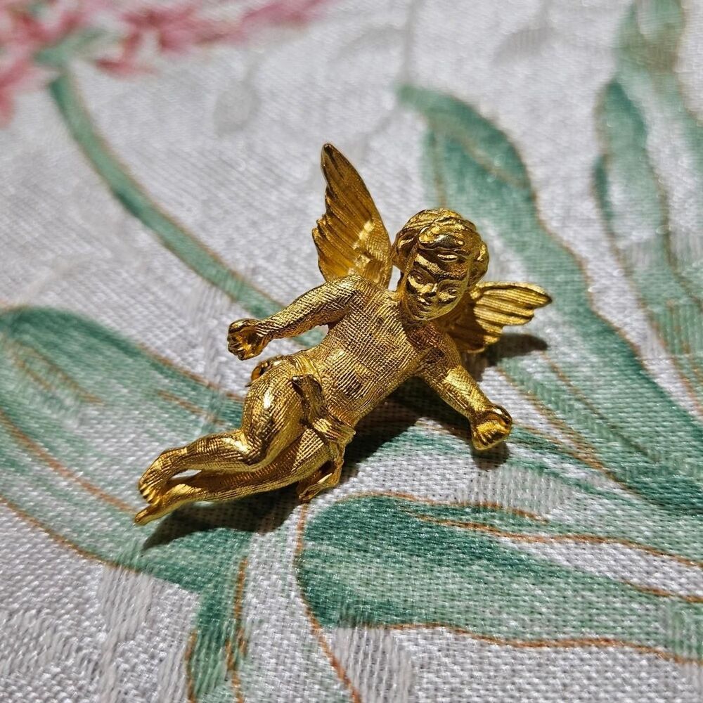 vintage coquette romantic gold tone cherub angel brooch - Picture 1 of 3